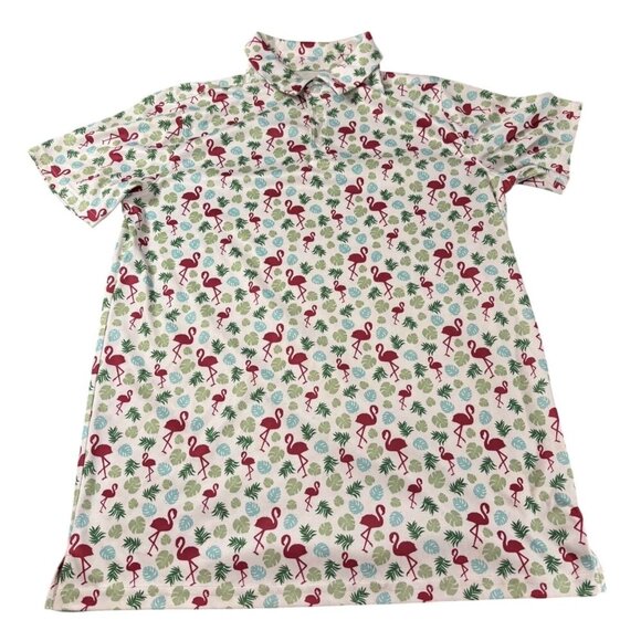 Boys Flamingo & Tropical Print BCG Golf Short Sleeve Button Up Polo Size XL18/20 - Picture 1 of 5